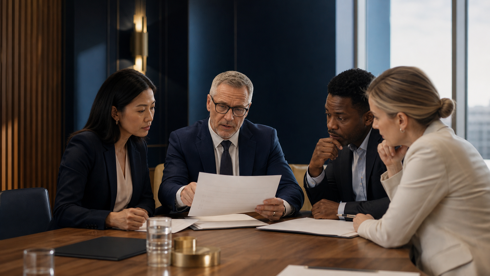 An independent auditor reviewing evidence with business leaders